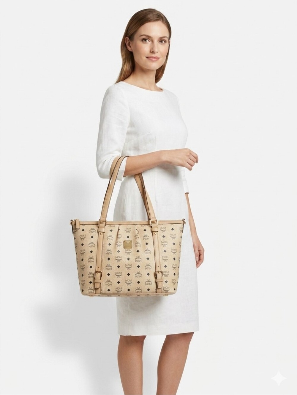 MCM Visetos Beige Logo Monogram Tote Bag Vintage